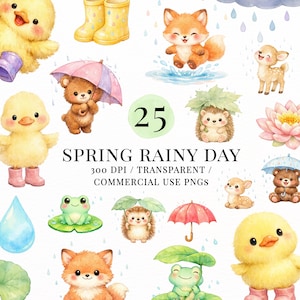 Könnte beinhalten: Aquarellillustrationen von niedlichen Tieren, darunter ein Fuchs, Entenküken, Bär, Reh und Igel, mit Regenschirmen und Regen. Der Text lautet "SPRING RAINY DAY" und "25".