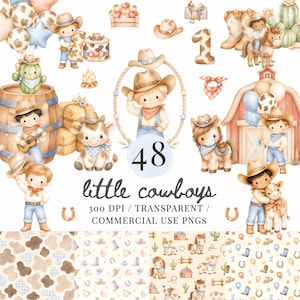Op de afbeelding: Waterverfillustraties met een cowboythema. De afbeelding bevat cowboys, een schuur, een koe, een paard, ballonnen en de tekst "48 little cowboys". De illustraties zijn in een zacht, pastelkleurig kleurenpalet, geschikt voor kinderontwerpen.