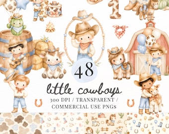 May include: Watercolor illustrations featuring a cowboy theme. The image includes cowboys, a barn, a cow, a horse, balloons, and the text "48 little cowboys". The illustrations are in a soft, pastel color palette, suitable for children's designs.