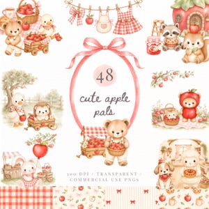 Imágenes prediseñadas de manzanas en acuarela PNG, animales para niños en un huerto de manzanas, osito de peluche, ganso y conejito, invitaciones para baby shower de otoño, imprimible de Apple of Our Eye