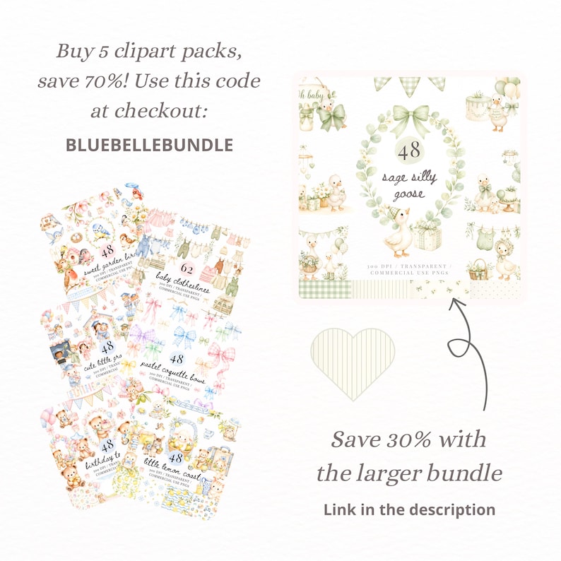 May include: A collection of digital clipart packs featuring watercolor illustrations of baby animals, bows, and floral elements. The image includes text that says "Buy 5 clipart packs, save 70%! Use this code at checkout: BLUEBELLEBUNDLE."
