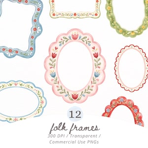 Folkkonstramar Clipart Set PNG, Whimsy Folklore Cottagecore-ramar, Akvarell Blomsterträdgård Bröllopsinbjudan, Utskrivbar Kommersiell Användning