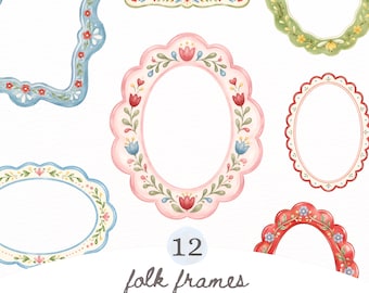 May include: A collection of twelve decorative frames featuring scalloped edges and hand-painted floral motifs in various colors including blue, pink, green, and red. The text 12 folk frames 300 DPI / Transparent / Commercial Use PNGs is visible.