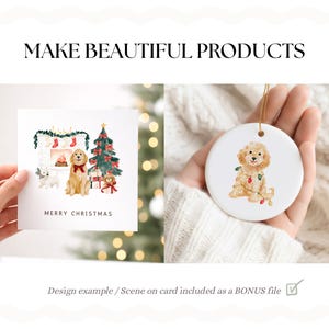 May include: A square white greeting card featuring a watercolor illustration of two dogs, a fireplace with stockings, and a Christmas tree with the text MERRY CHRISTMAS, alongside a round white ceramic ornament with a watercolor puppy illustration.