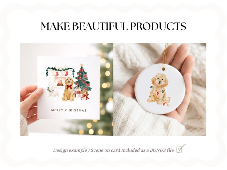 May include: A square white greeting card featuring a watercolor illustration of two dogs, a fireplace with stockings, and a Christmas tree with the text MERRY CHRISTMAS, alongside a round white ceramic ornament with a watercolor puppy illustration.