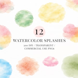 Puede incluir: Una colección de 12 salpicaduras de acuarela en varios colores pastel, incluyendo rosa, amarillo, verde y azul. La imagen incluye el texto "WATERCOLOR SPLASHES" y otros detalles del producto.