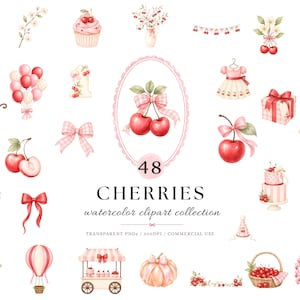 May include: A collection of 48 watercolor cherry-themed illustrations featuring various items including a jar, cupcake, baby carriage, balloons, bows, a dress, a gift box, a pitcher, a cake, a hot air balloon, a cart, a pumpkin, and a basket of cherries.