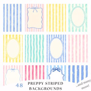 May include: A collection of twelve rectangular digital backgrounds featuring vertical watercolor stripes in pastel blue, yellow, pink, and teal. Several designs include decorative oval or scalloped frames and bows. Text reads 48 PREPPY STRIPED BACKGROUNDS and ...and many more!