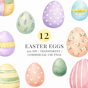 Pode incluir: Ilustração em aquarela de doze ovos de Páscoa em várias cores pastel. Os ovos apresentam desenhos como bolinhas, padrões florais e listras. O texto diz "Easter Eggs".