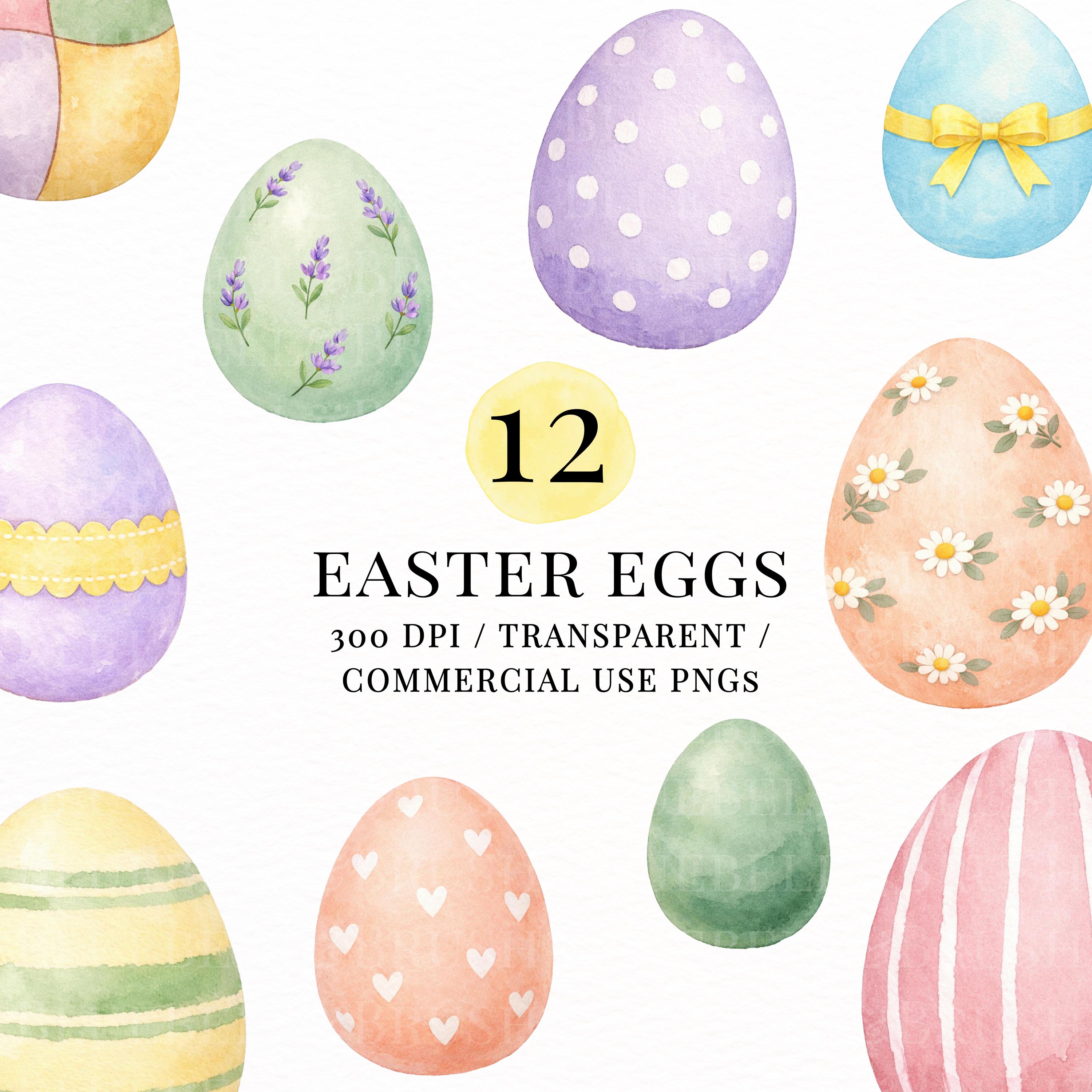 Easter Egg Clipart PNG Bundle, Pastel Watercolor Eggs for Sublimation