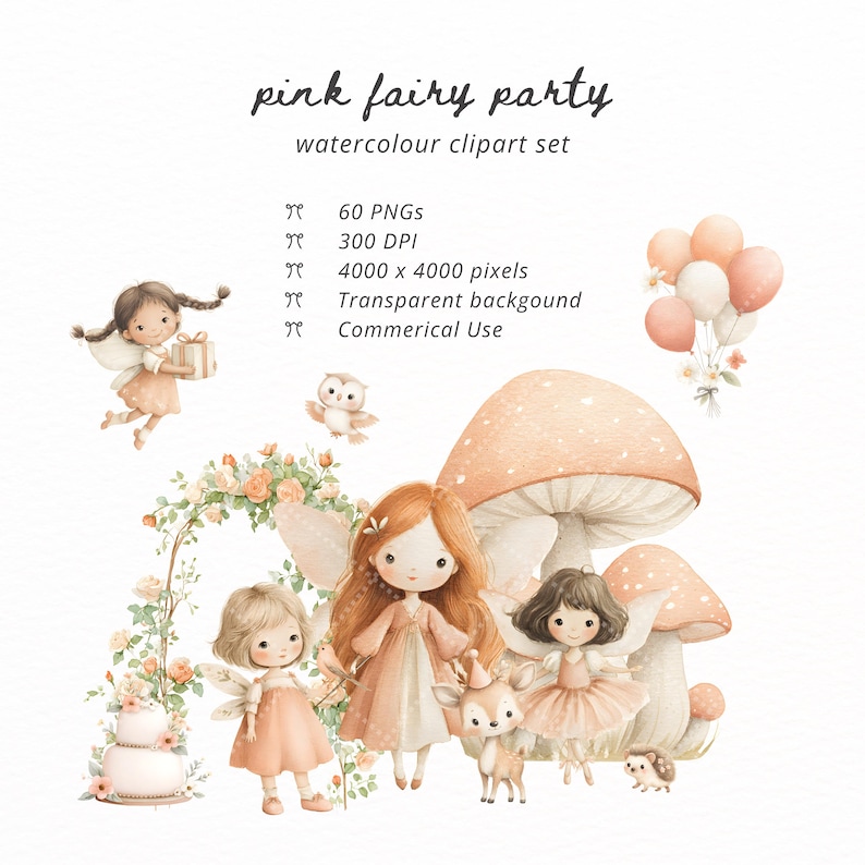 Pink Fairy Clipart Bundle PNG, Watercolor Magical Fairy Garden Clipart ...