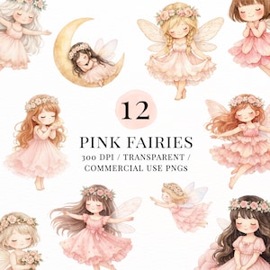 Puede incluir: Ilustración en acuarela de 12 hadas rosas con coronas de flores y alas. Las hadas se representan en varias poses, vestidas con vestidos rosas. El texto "PINK FAIRIES" está incluido.