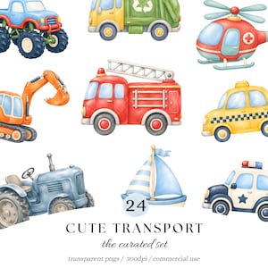 かわいい乗り物PNG、水彩画風乗り物クリップアートバンドル、消防車、スクールバス、パトカー、建設車両、ヘリコプター、商用利用可