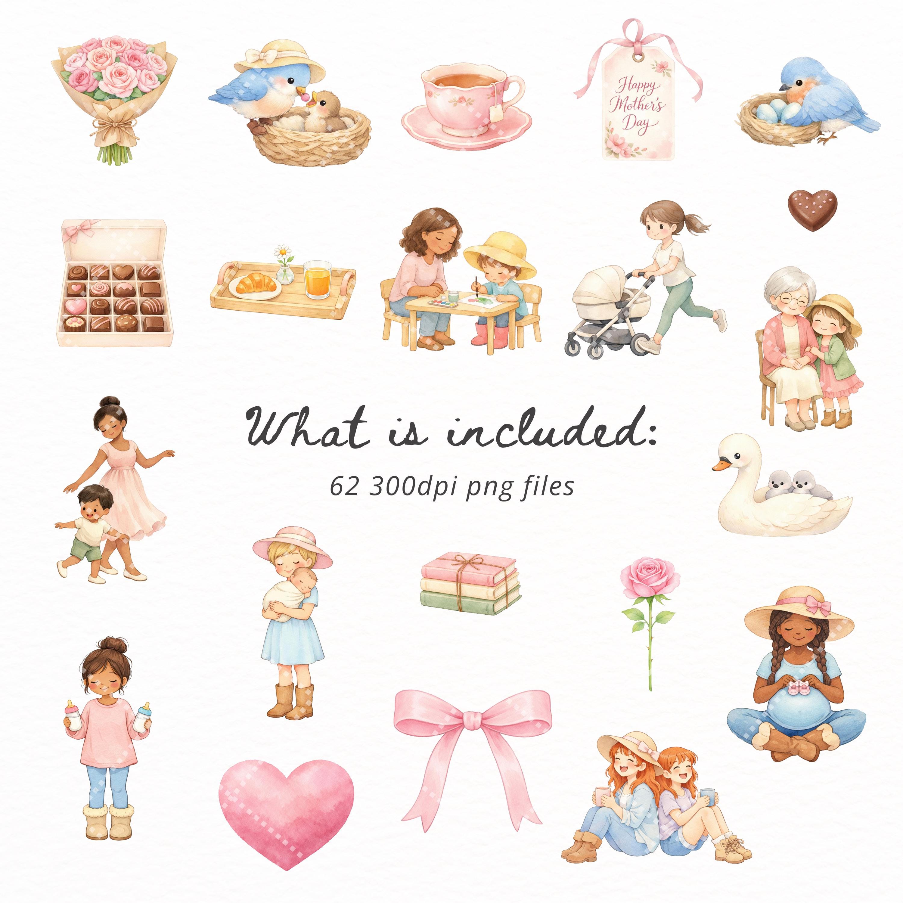 Happy Mothers Day Clipart Bundle PNG, Watercolor Floral Family Clipart ...