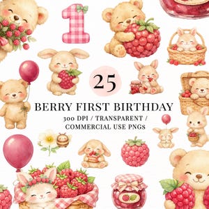 May include: A collection of watercolor illustrations featuring teddy bears, bunnies, raspberries, and balloons. The text reads "Berry First Birthday" with the number "25" and a number "1". The images are transparent PNGs for commercial use.
