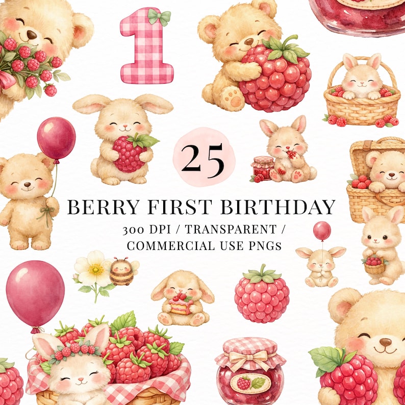 May include: A collection of watercolor illustrations featuring teddy bears, bunnies, raspberries, and balloons. The text reads "Berry First Birthday" with the number "25" and a number "1". The images are transparent PNGs for commercial use.