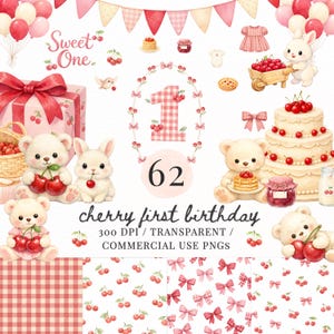 Peut inclure: Illustrations à l'aquarelle pour un premier anniversaire sur le thème des cerises. Comprend des ours en peluche, un lapin, un gâteau et le texte "Sweet One" et "cherry first birthday". Palette de couleurs rose et rouge avec des ballons et un coffret cadeau.