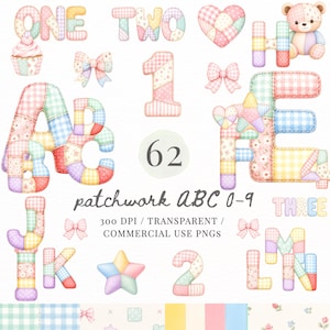 May include: A collection of pastel-colored patchwork ABC letters, numbers, and decorative elements. Includes a teddy bear, bows, a heart, a star, and a cupcake. The text "patchwork ABC 0-9" is also present.