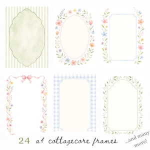 May include: A collection of six rectangular frames featuring watercolor designs including striped backgrounds, floral wreaths, gingham patterns, and ribbons. The text at the bottom reads 24 a4 cottagecore frames ...and many more!