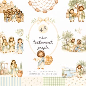 Puede incluir: Una colección de ilustraciones en acuarela con figuras bíblicas, incluyendo un grupo cerca de una ciudad, una persona con una cesta, un pastor con un cordero y un marco ovalado central con el texto 48 new testament people.