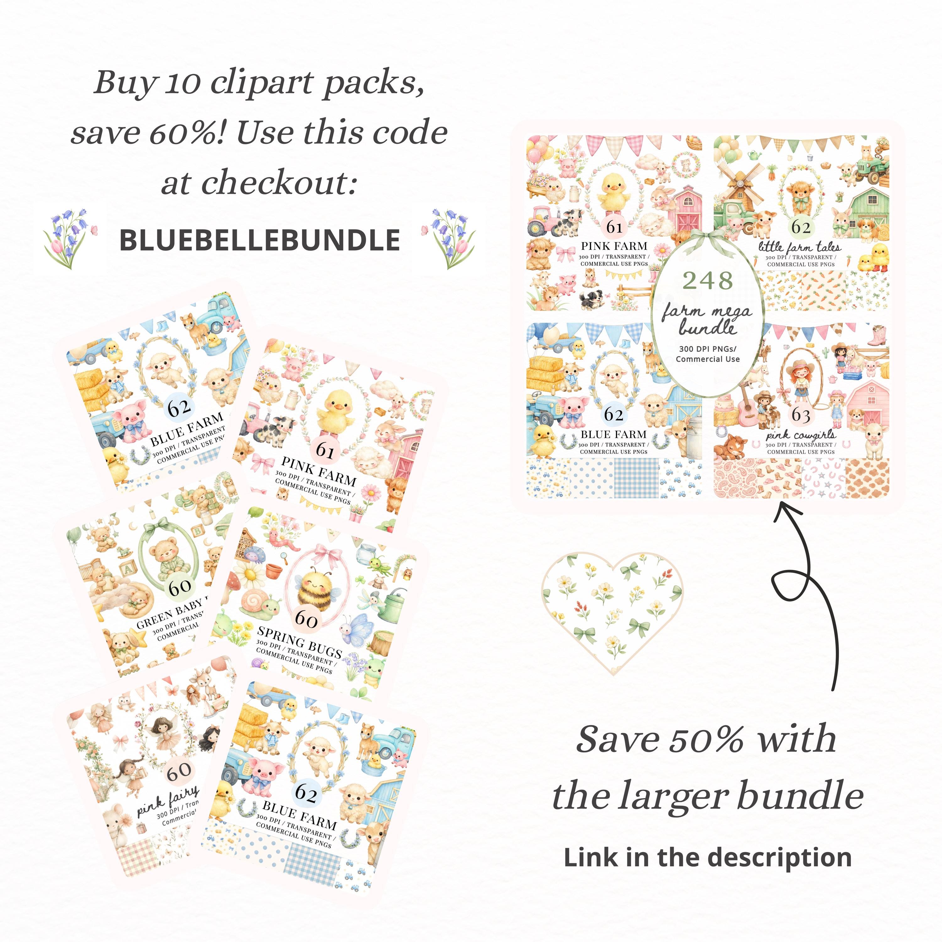 Cute Farm Animals Clipart PNG Bundle, Watercolor Barnyard Cow Pig Sheep ...