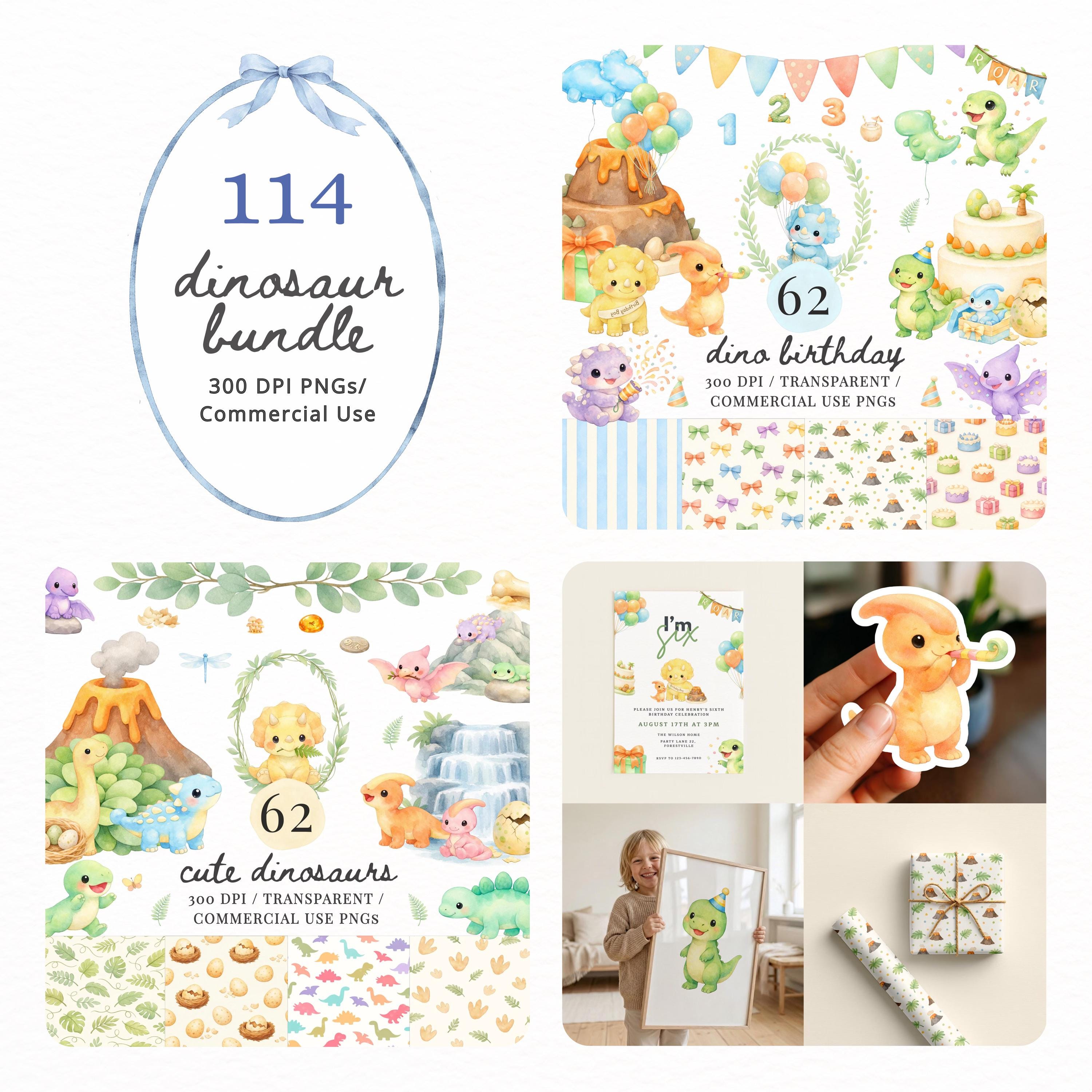 Cute Watercolor Dinosaur Clipart PNG Bundle, Baby Dino Clipart for ...