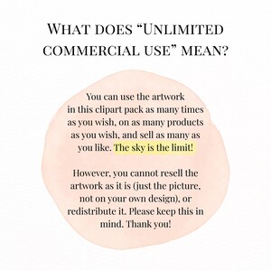 May include: White background with text explaining "Unlimited Commercial Use" for clipart. The text states the artwork can be used on products as many times as desired, with the phrase "The sky is the limit!" highlighted.