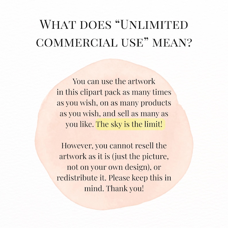 May include: White background with text explaining "Unlimited Commercial Use" for clipart. The text states the artwork can be used on products as many times as desired, with the phrase "The sky is the limit!" highlighted.