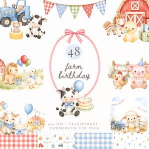 Könnte beinhalten: Eine digitale Sammlung von 48 Illustrationen zum Thema Bauernhof-Geburtstag mit Aquarelltieren wie Kuh, Schwein, Schaf, Pferd, Ente und Huhn sowie Traktoren, Scheunen, Kuchen, Luftballons und Wimpelketten auf einem weißen Hintergrund.