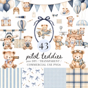 Aviator Teddy Bear Clipart PNG Bundle, Pilot Bear Airplane, Flying Bear Hot Air Balloon, Teddy Bear Clipart, Baby Boy Nursery, Commercial
