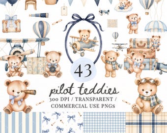 Aviator Teddy Bear Clipart PNG Bundle, Pilot Bear Airplane, Flying Bear Hot Air Balloon, Teddy Bear Clipart, Baby Boy Nursery, Commercial