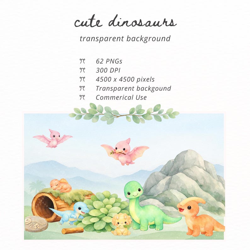 Cute Dinosaur Clipart PNG, Watercolor Pastel Baby Dino Clipart, T-rex ...