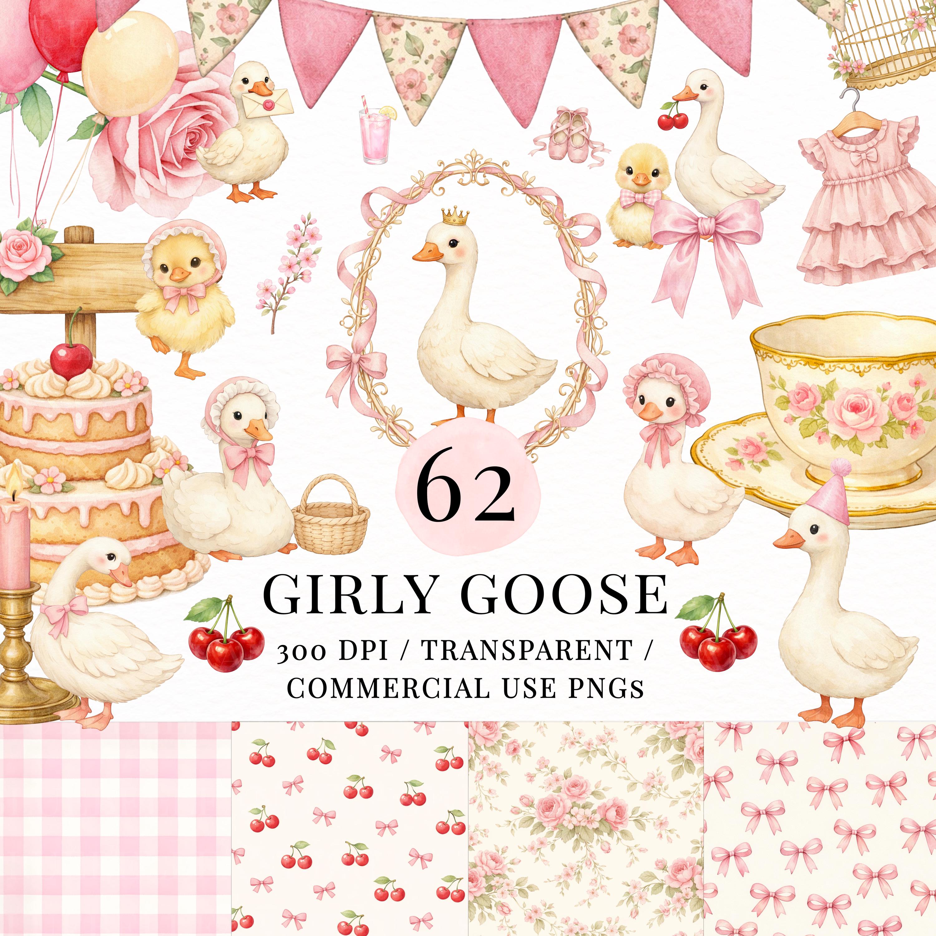Watercolor Girly Goose Clipart, Pink Silly Goose PNG, Coquette Goose ...