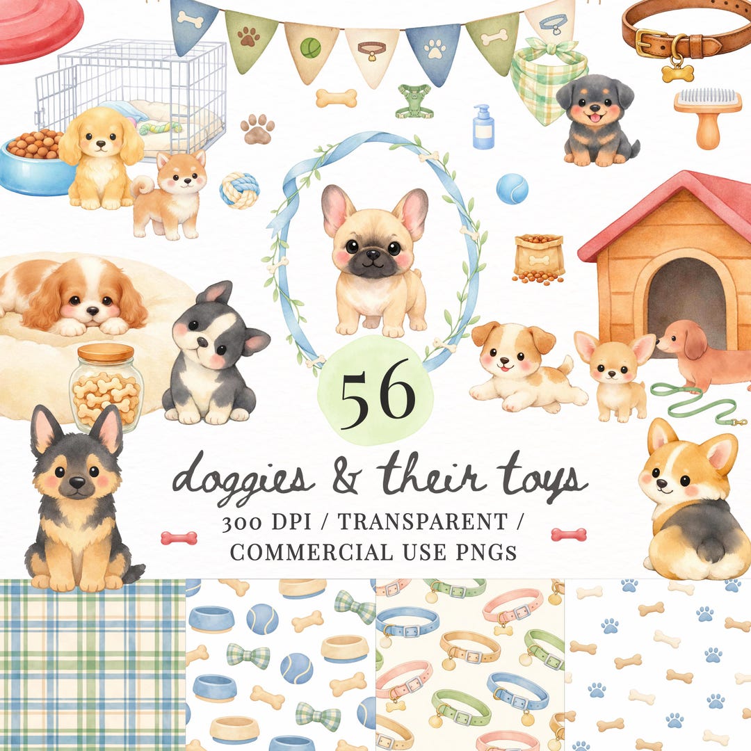 Watercolor Dogs PNG Bundle, Cute Puppy Clipart, Dog Toys & Accessories ...
