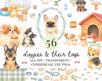 May include: Watercolor illustration featuring various dog breeds and their toys. The image includes puppies, dog houses, food bowls, collars, and decorative elements. Text reads "doggies & their toys" and "56".