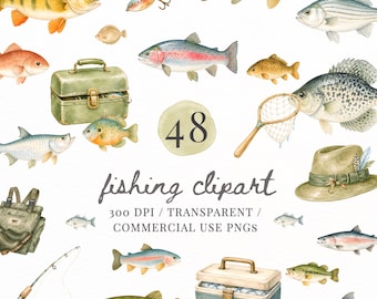 May include: A collection of watercolor fishing clipart featuring various fish species, a green tackle box, a fishing rod, a net, a hat, and gear. The text reads 48 fishing clipart 300 DPI / TRANSPARENT / COMMERCIAL USE PNGS.