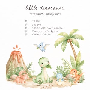 May include: A digital illustration set titled little dinosaurs transparent background featuring 24 PNGs at 300 DPI. The artwork includes a volcano, a palm tree, ferns, and various dinosaurs including a triceratops, a pterodactyl, and a hatchling.