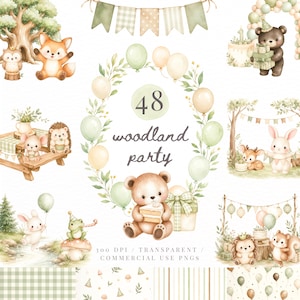 Imágenes prediseñadas de animales del bosque en acuarela, paquete PNG de criaturas del bosque para invitaciones de baby shower, imprimibles de cumpleaños, zorro, oso, uso comercial.