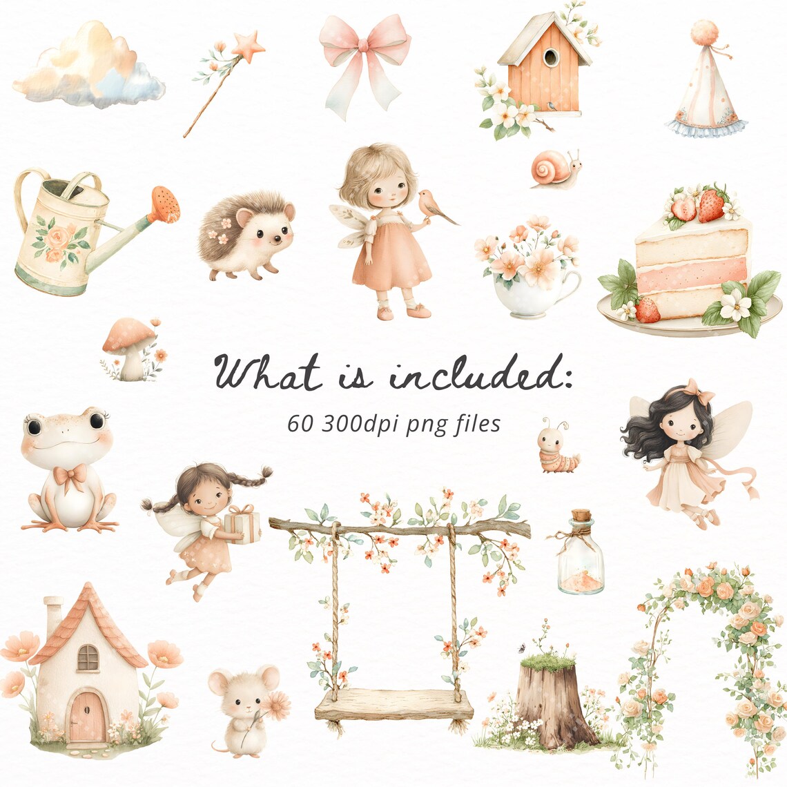 Pink Fairy Clipart Bundle PNG, Watercolor Magical Fairy Garden Clipart ...