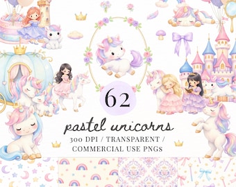 May include: A collection of pastel-colored unicorn-themed digital graphics. The image includes illustrations of unicorns, castles, princesses, rainbows, and patterns. Text reads "62 pastel unicorns" and other details.