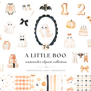 Può includere: Una collezione di clipart ad acquerello digitale intitolata A LITTLE BOO che presenta varie illustrazioni a tema Halloween tra cui fantasmi, zucche, un pipistrello, vestiti per bambini, palloncini, una culla e sfondi a motivi in toni arancione, nero e crema.