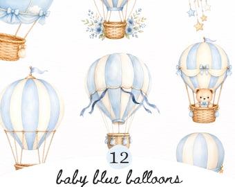 Blue Hot Air Balloon Clipart PNG Bundle, Vintage Baby Boy Nursery Wall Art, Baby Shower Invitations, Boho Art Digital Invite, Commercial Use