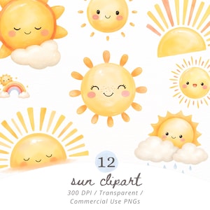 May include: A collection of twelve watercolor sun illustrations featuring various expressions, some with clouds, rays, or rainbows. The text reads 12 sun clipart 300 DPI Transparent Commercial Use PNGs, showcasing yellow and orange hues.