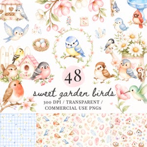 Könnte beinhalten: Aquarellillustrationen verschiedener GartenVögel, Vogelhäuser, Blumen und Muster. Der Text "Sweet Garden Birds" und "48" ist zu sehen. Das Bild ist transparent und für den kommerziellen Gebrauch bestimmt.