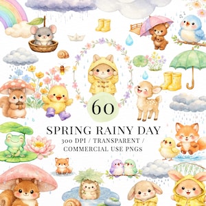Könnte beinhalten: Aquarellillustrationen von entzückenden Tieren, darunter eine Maus, ein Bär, ein Hase und ein Fuchs, mit Regenschirmen und Regenkleidung. Das Bild enthält einen Regenbogen, Blumen und den Text "Spring Rainy Day".
