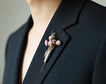 Spilla floreale personalizzata, portafiori intercambiabile, rame argentato, accessorio da sposa