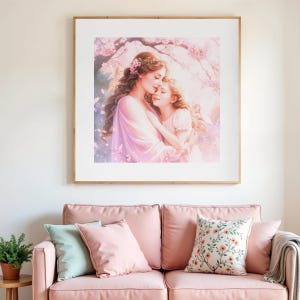 May include: A framed art print depicts a tender moment between a mother and child, embraced in a soft, pink-hued scene. The artwork features a woman with long, flowing hair adorned with flowers, embracing a young girl. The print is displayed above a pink sofa.