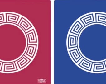 Tapete de Mahjong reversible con diseño de greca griega – Rojo rosa/Azul real, neopreno afelpado (84 x 84 cm)