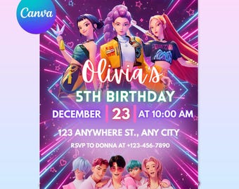 Invito di compleanno a tema K-pop Demon Hunters, modello Canva modificabile per feste per ragazze, invito neon con biglietto, invito di compleanno stampabile