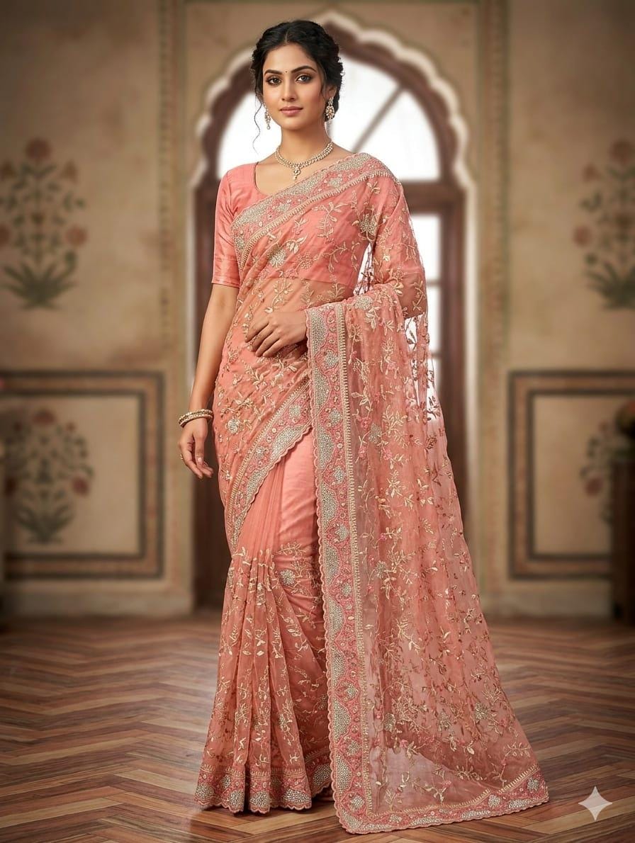 Ethnic indian saree with heavy embroidery with zarkan. silk fandy